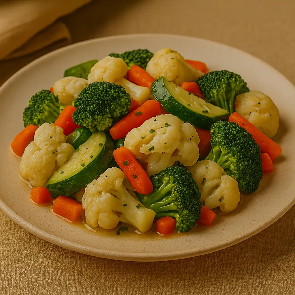 Steamed vegetable medley with broccoli, cauliflower, carrots, and zucchini on a beige plate
