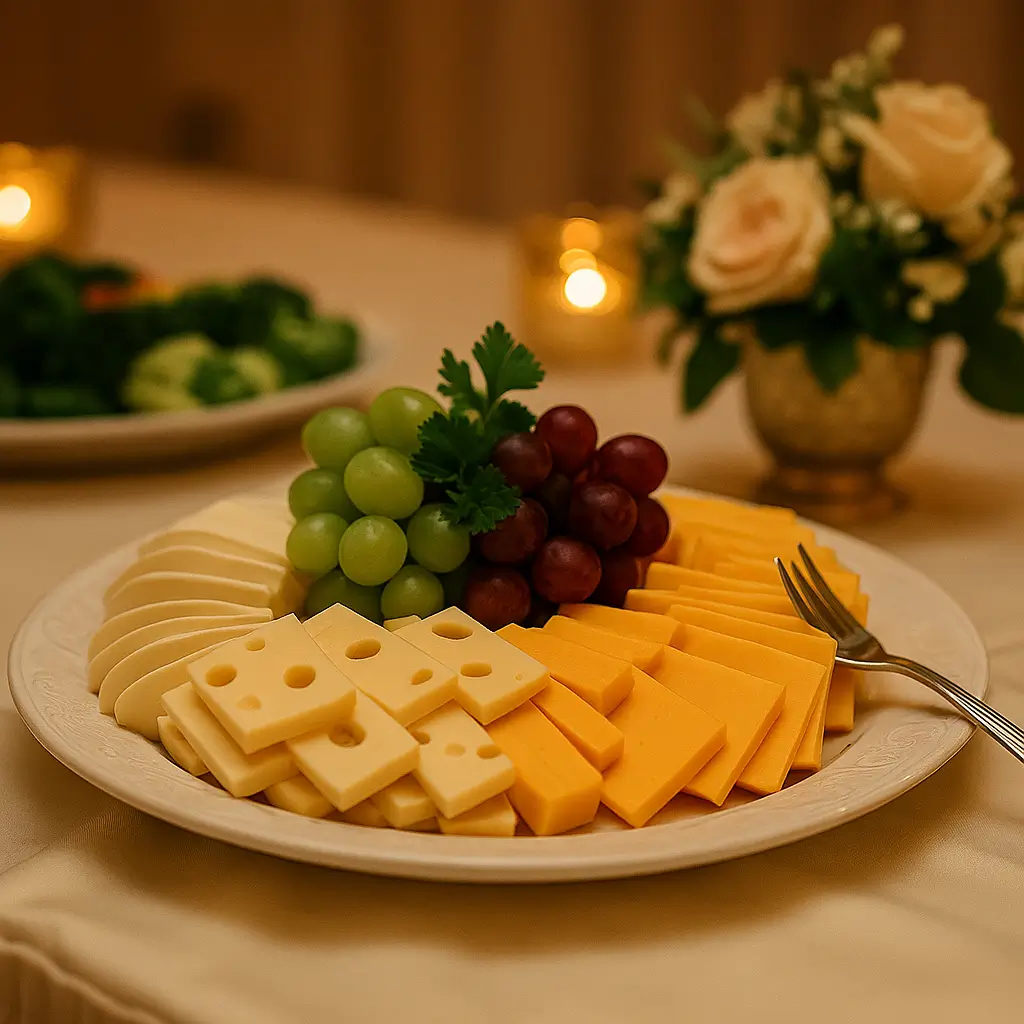 Cheese platter with Swiss, cheddar, mozzarella slices, and fresh grapes on a white plate with fork