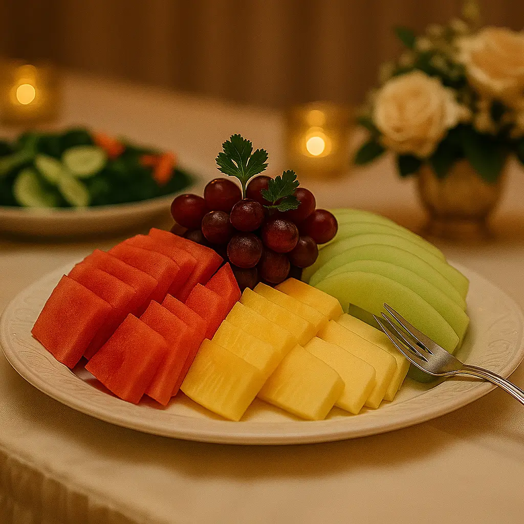 Elegant fruit tray with sliced watermelon, pineapple, honeydew, and red grapes on a white plate