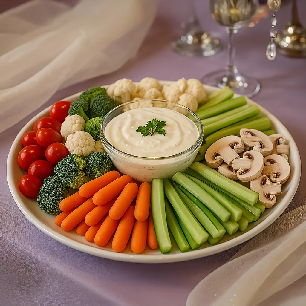 Colorful vegetable platter with carrots, celery, cherry tomatoes, broccoli, cauliflower, mushrooms, and ranch dip