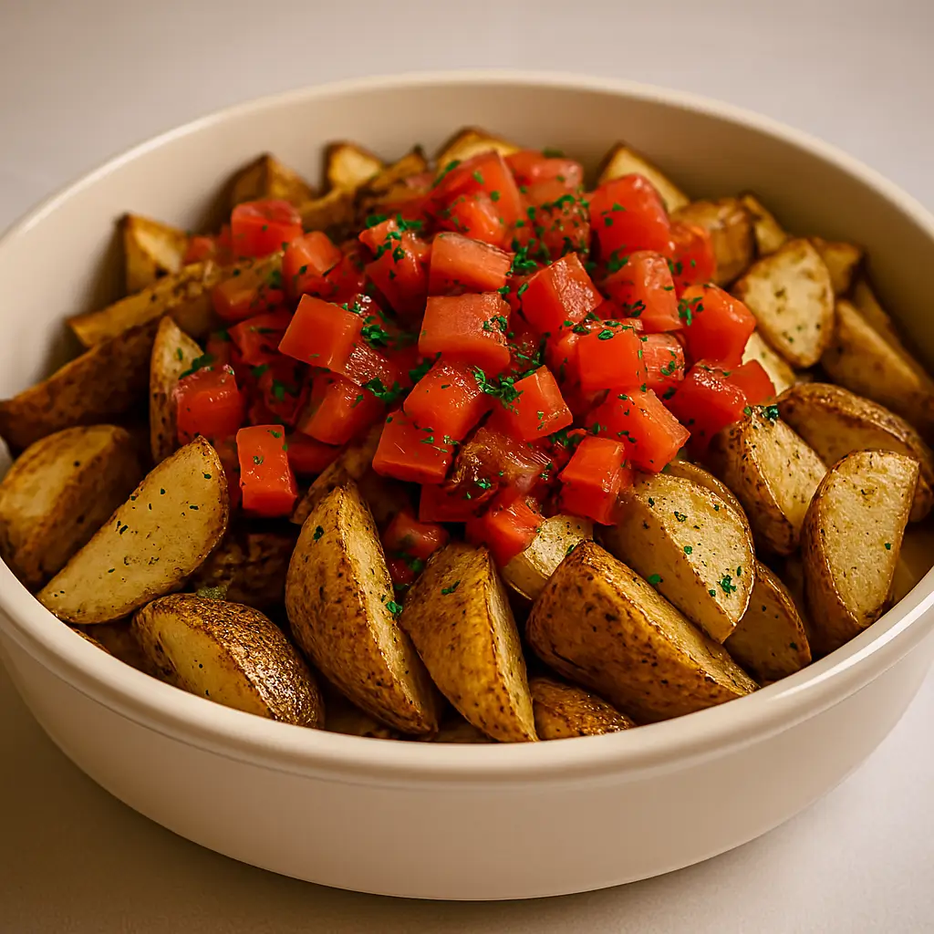 Roasted potato wedges topped with diced tomatoes and parsley in a white serving bowl