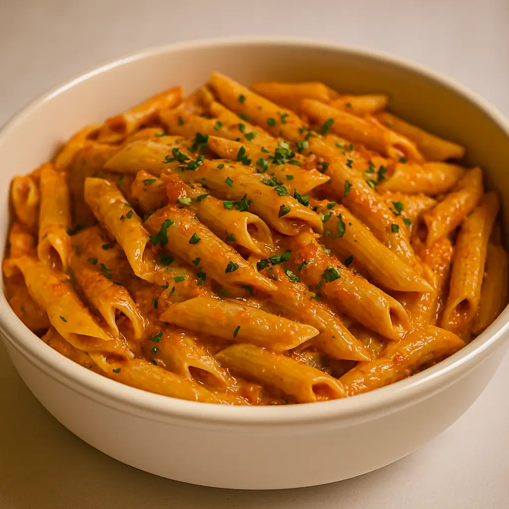 Creamy penne pasta in pink tomato sauce garnished with parsley in a white bowl