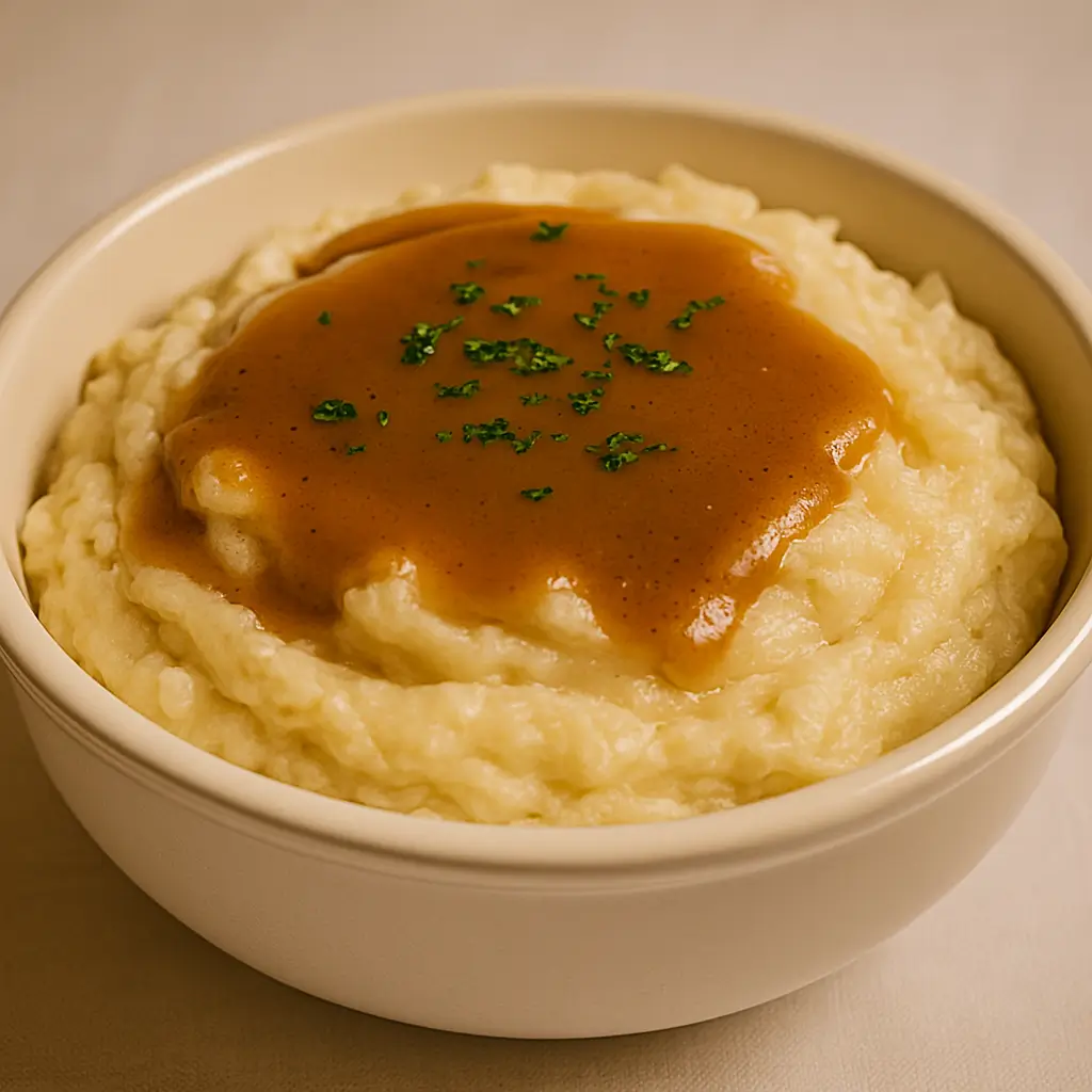 Creamy mashed potatoes topped with brown gravy and parsley served in a white bowl