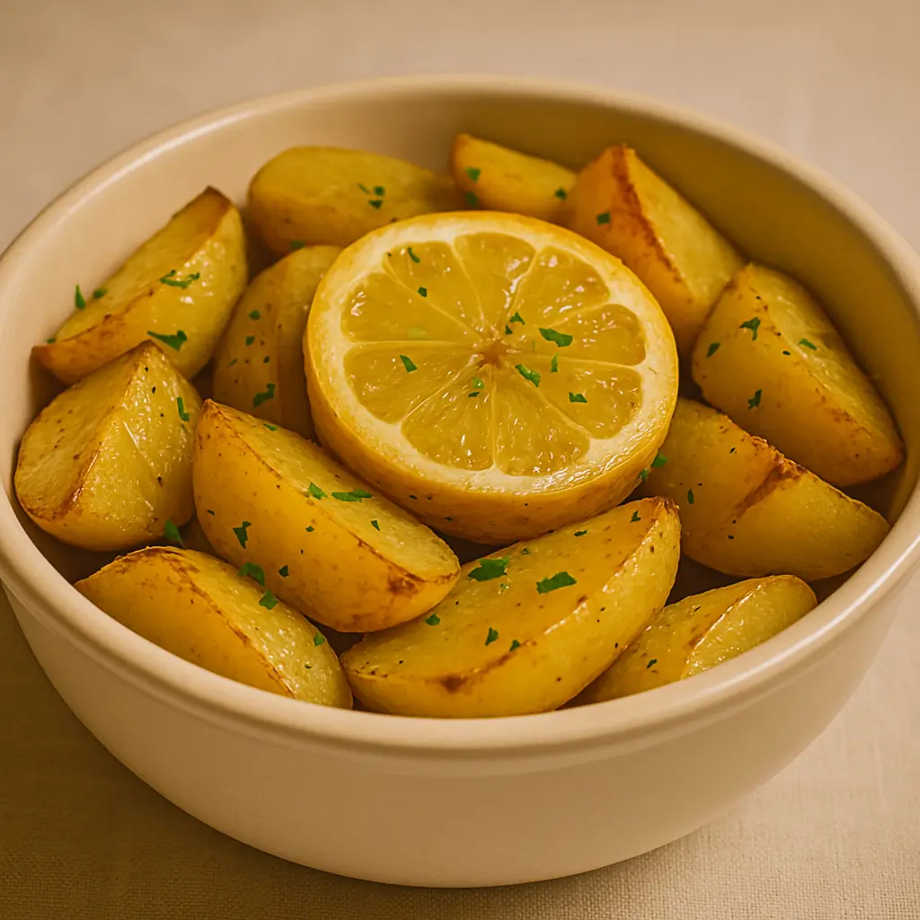 Oven-roasted potato wedges with lemon slice and parsley in a white bowl