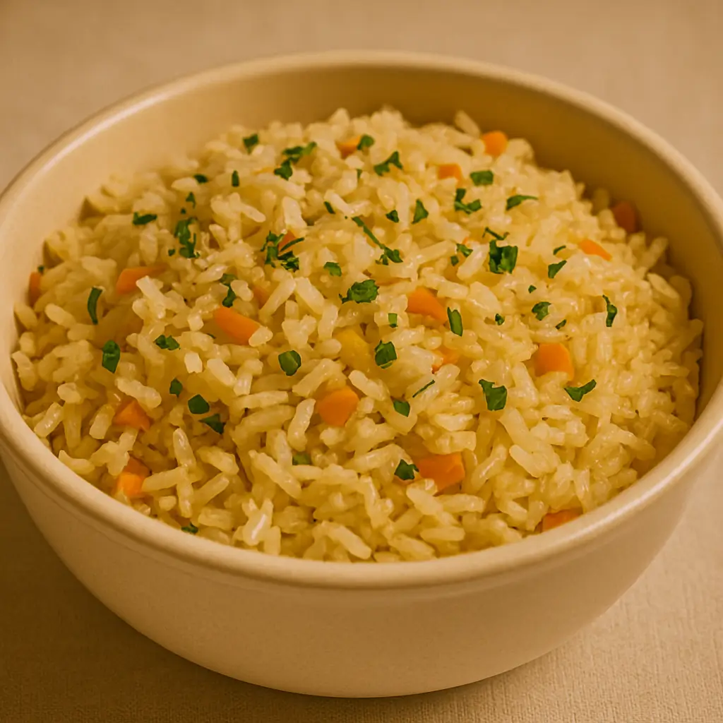 Fluffy seasoned rice with diced carrots and herbs served in a beige bowl
