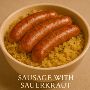 Grilled sausages served over sauerkraut in a beige bowl with text label “Sausage with Sauerkraut”