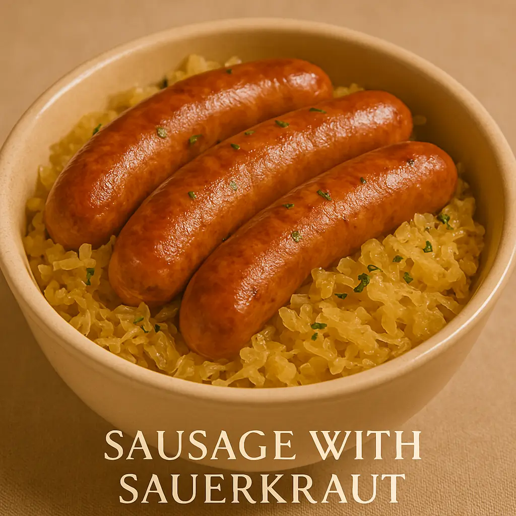 Grilled sausages served over sauerkraut in a beige bowl with text label “Sausage with Sauerkraut”