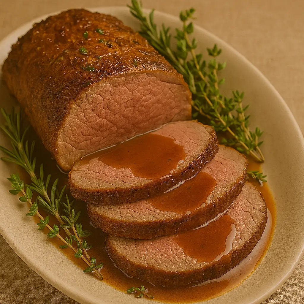 Sliced roast beef with brown gravy and fresh herbs served on a beige platter