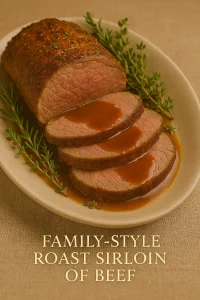 Sliced roast sirloin of beef with brown gravy and herbs on a beige platter with the label “Family-Style Roast Sirloin of Beef”