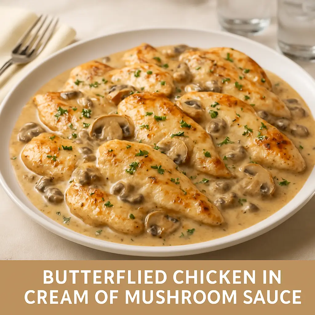 Butterflied chicken breasts in creamy mushroom sauce garnished with parsley on a white plate with text overlay “Butterflied Chicken in Cream of Mushroom Sauce”