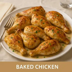 Oven-baked chicken drumsticks in light gravy garnished with parsley on a white plate labeled “Baked Chicken”