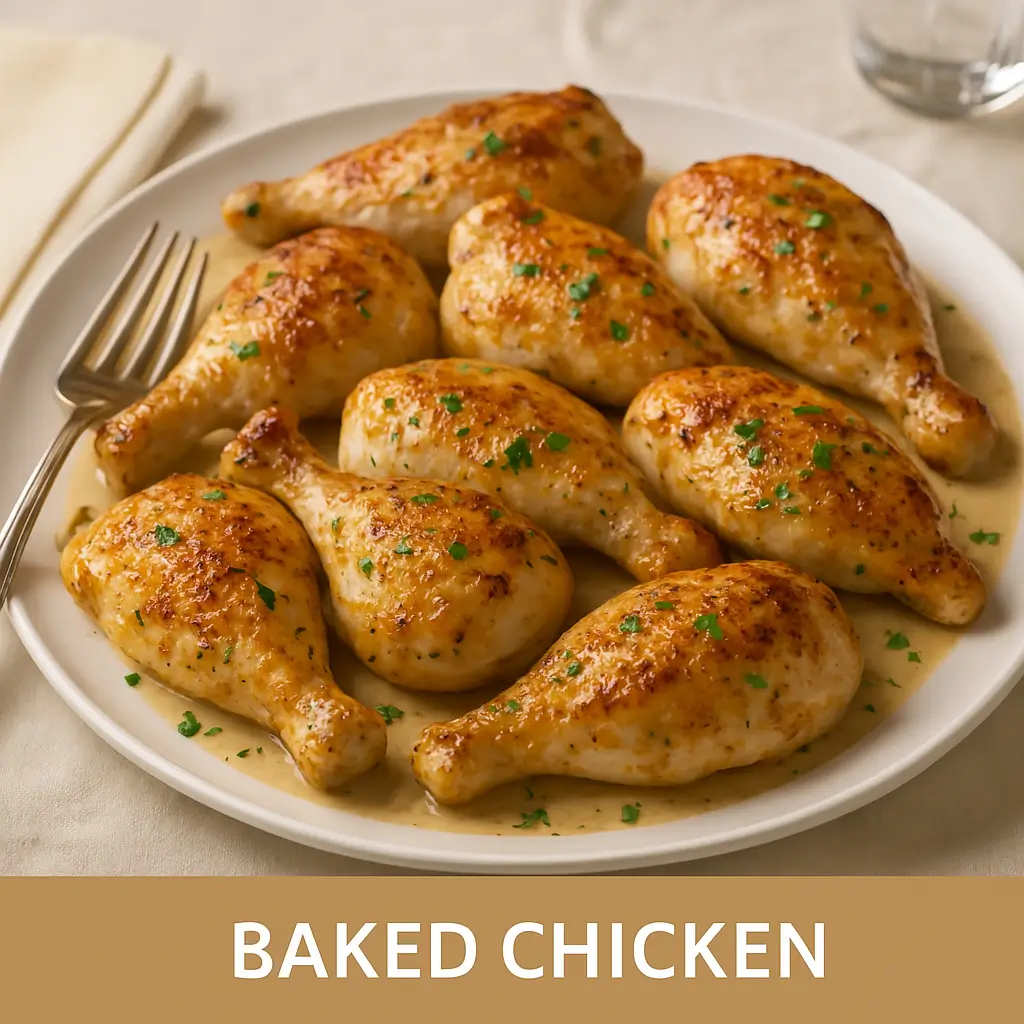 Oven-baked chicken drumsticks in light gravy garnished with parsley on a white plate labeled “Baked Chicken”