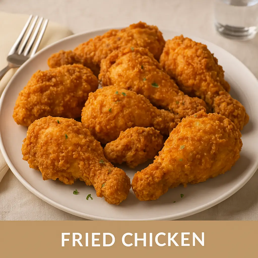 Crispy golden fried chicken drumsticks and thighs on a white plate with the label “Fried Chicken”