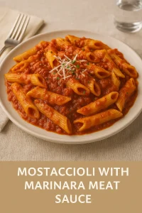 Mostaccioli pasta in marinara meat sauce garnished with parmesan and parsley, labeled “Mostaccioli with Marinara Meat Sauce”