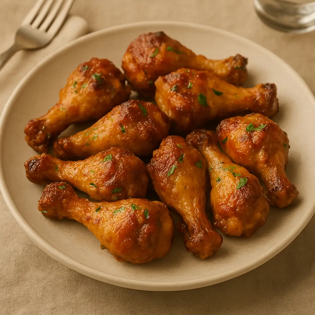 Baked chicken drumsticks garnished with parsley served on a beige plate