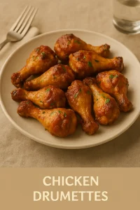 Plate of baked chicken drumettes garnished with parsley and labeled “CHICKEN DRUMETTES”