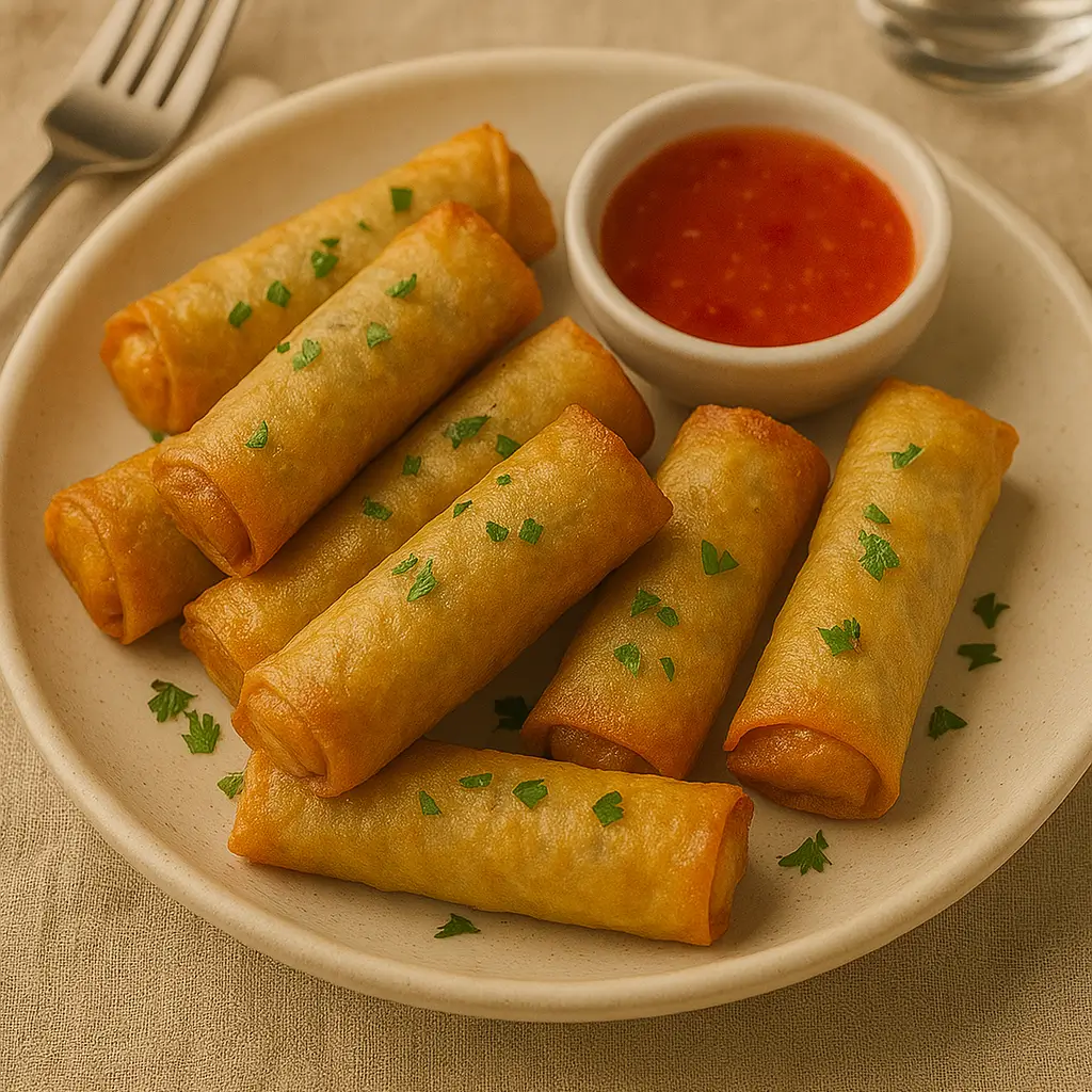Golden crispy spring rolls garnished with parsley and served with sweet chili dipping sauce
