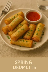 Crispy spring drumetts with sweet chili sauce on a white plate with garnish and text overlay reading “SPRING DRUMETTS”