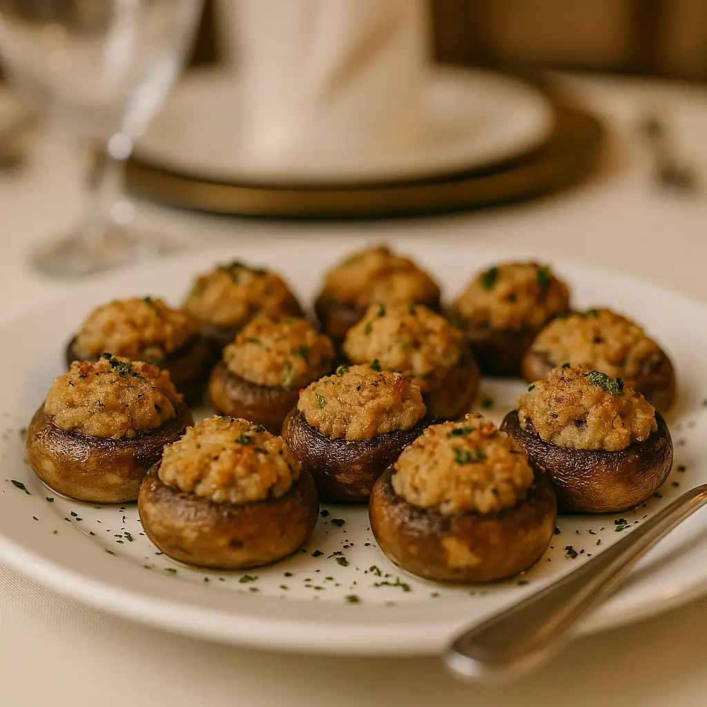 Stuffed mushrooms filled with seasoned breadcrumbs and herbs served on a white plate