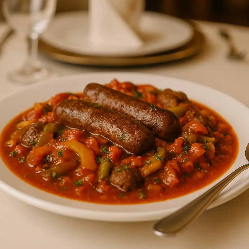 Italian sausages with bell peppers and onions in tomato sauce on a white plate