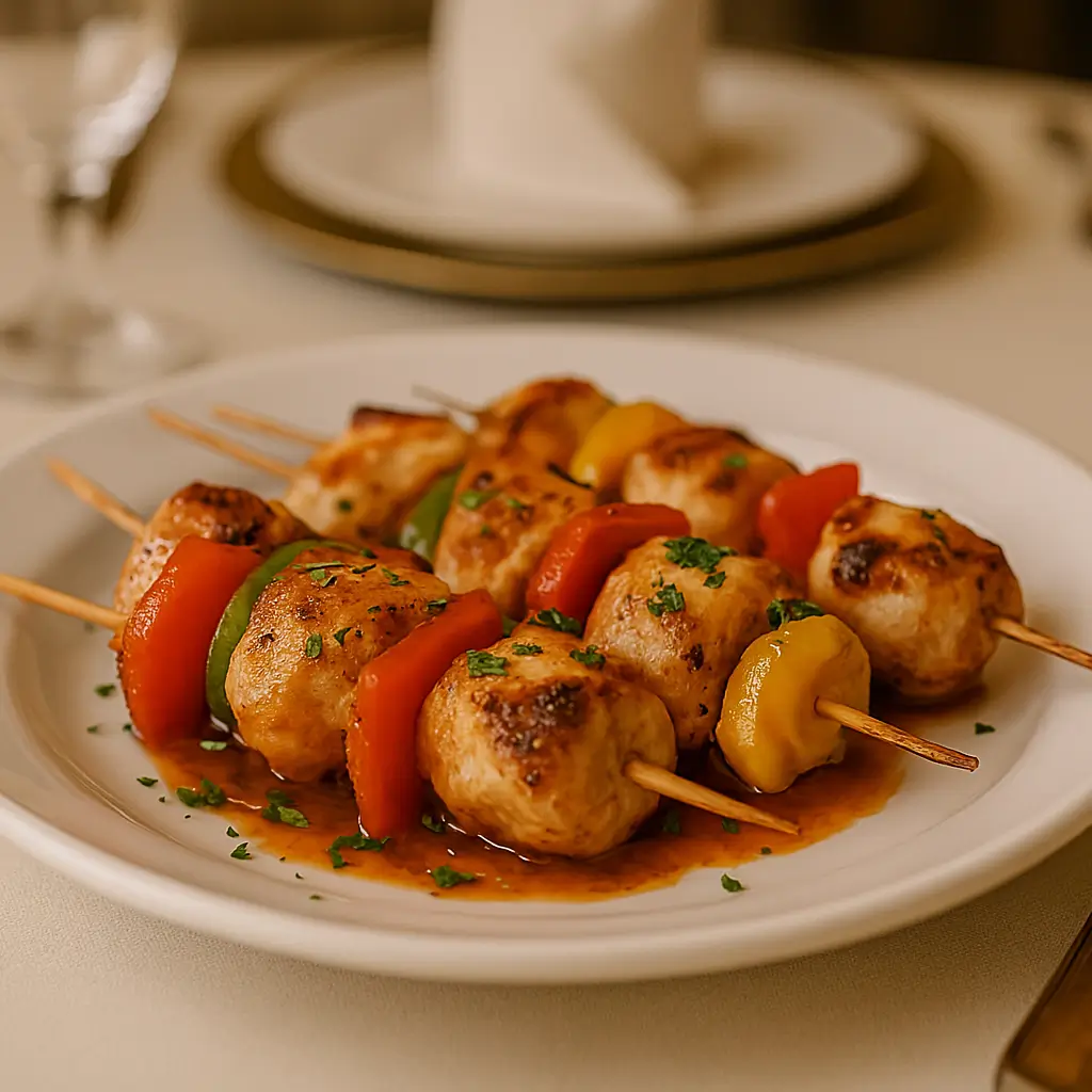 Chicken meatball skewers with bell peppers in sauce, garnished with parsley on a white plate