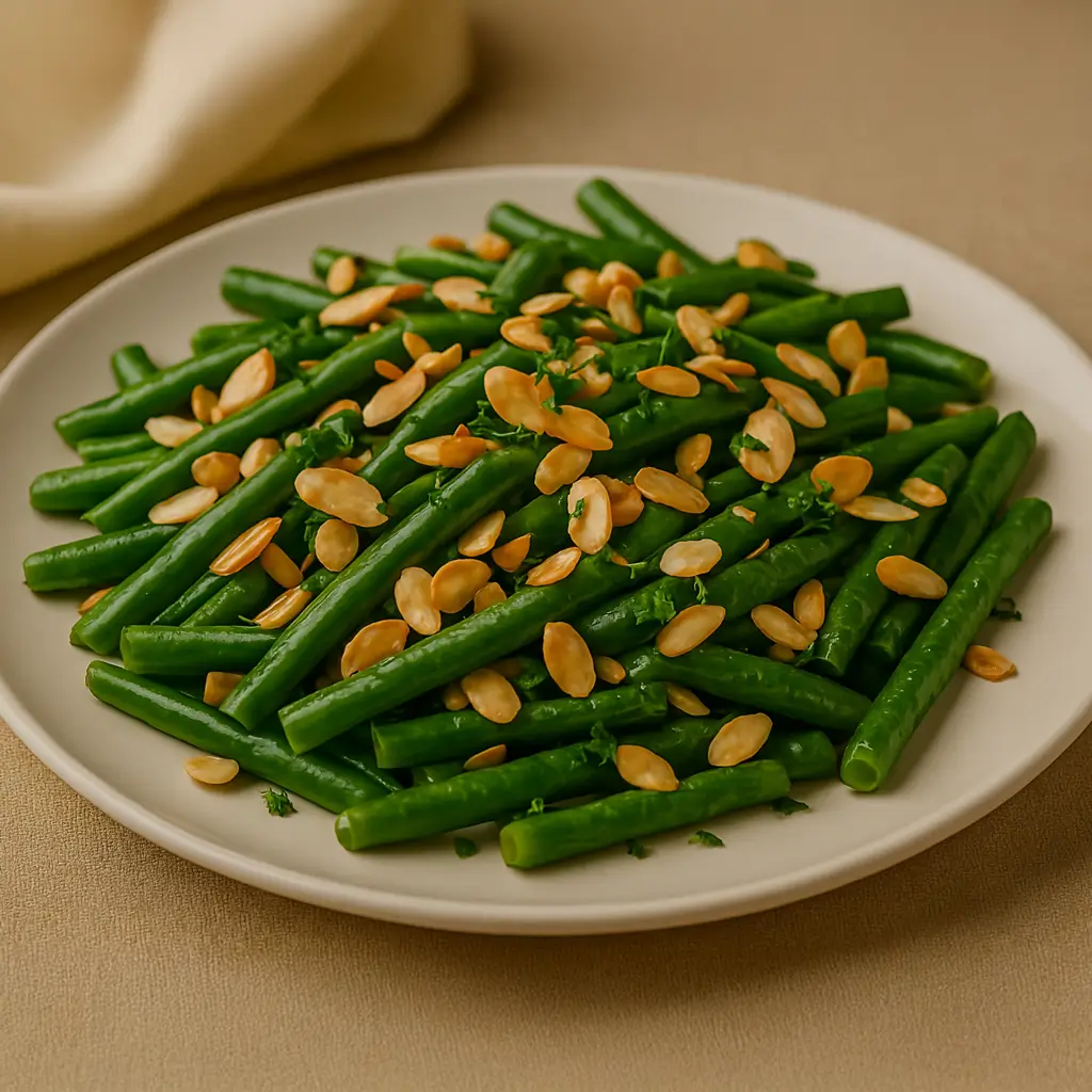 Steamed green beans topped with toasted almond slices on a white plate
