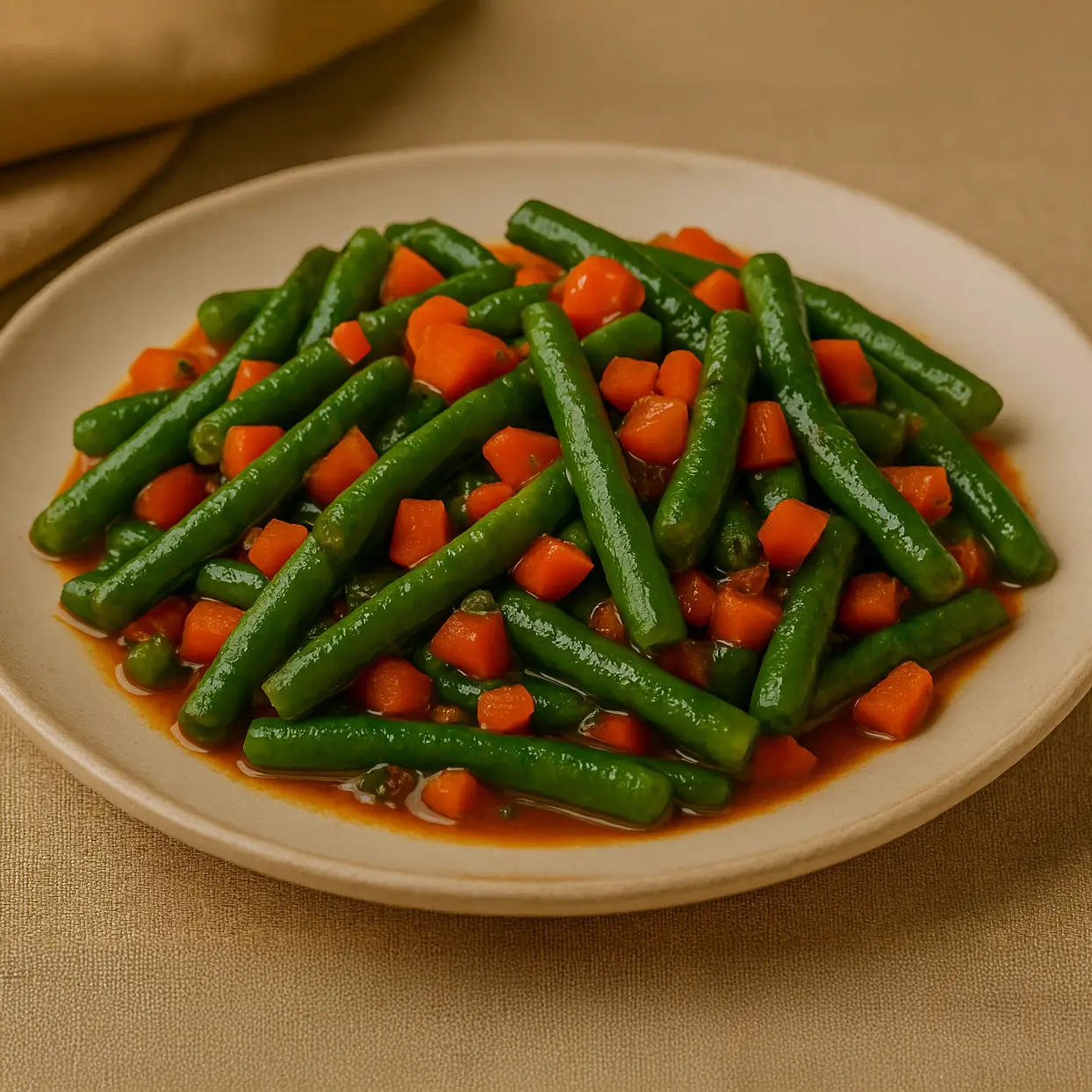 Green beans and diced carrots in tomato-based sauce on a beige plate
