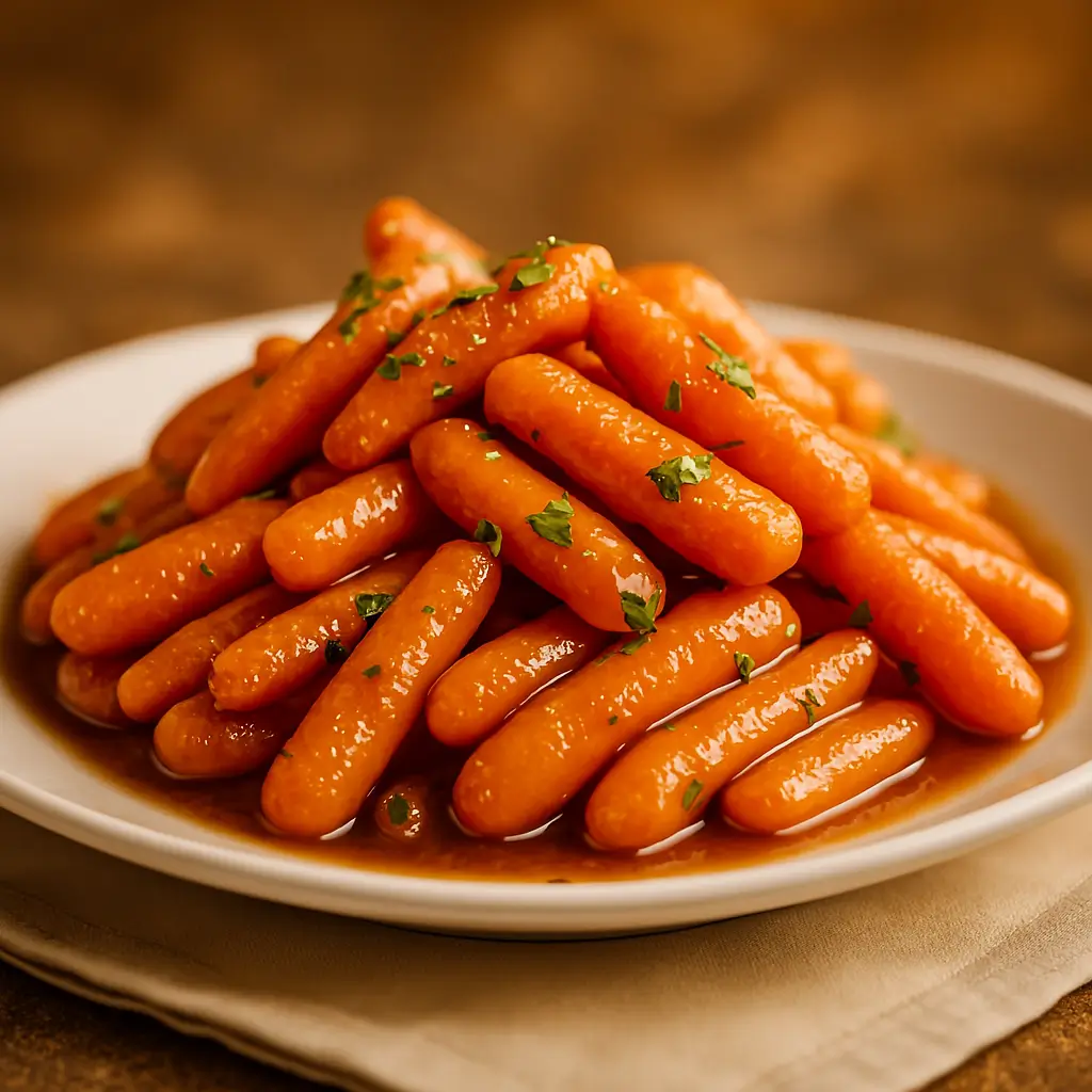 Honey-glazed baby carrots garnished with parsley on a white plate