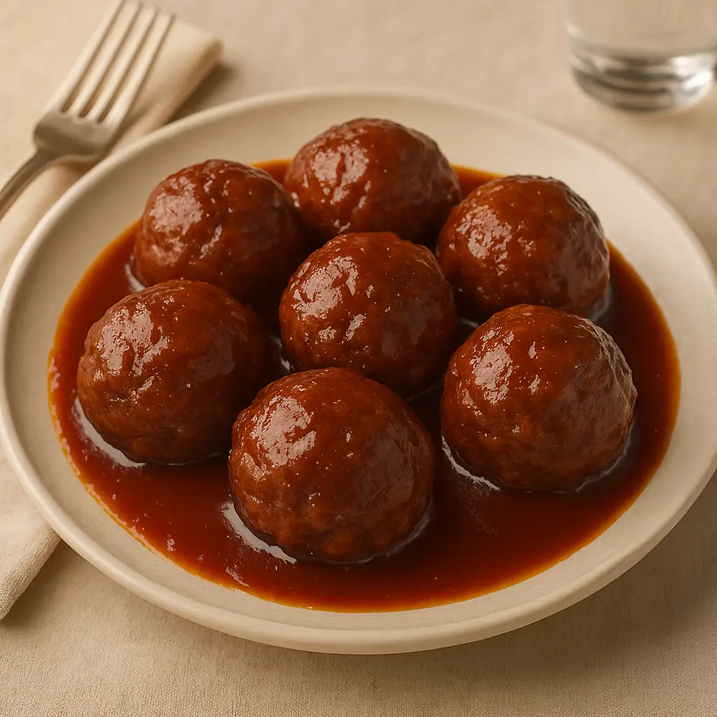 Plate of glazed meatballs coated in savory brown sauce on a beige dish
