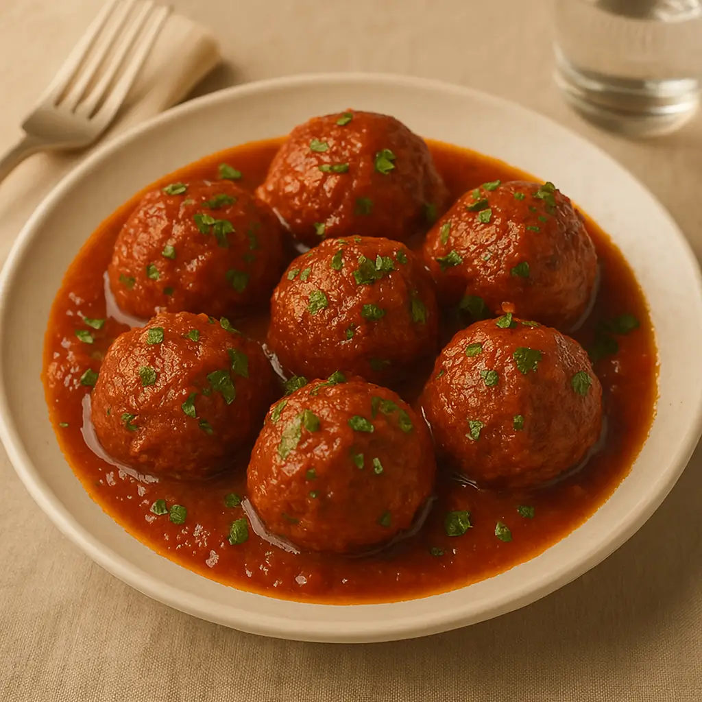 Italian meatballs in marinara sauce garnished with parsley on a beige plate