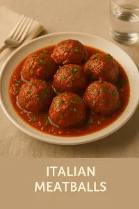 Italian-style meatballs in marinara sauce garnished with parsley, served on a beige plate with “ITALIAN MEATBALLS” text overlay