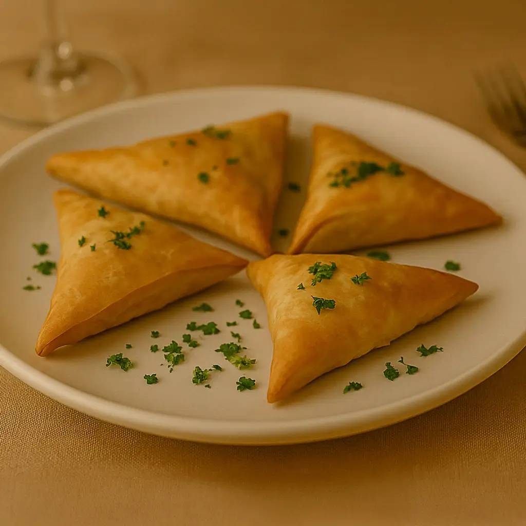 Golden-baked spanakopita triangles garnished with fresh parsley on a white plate