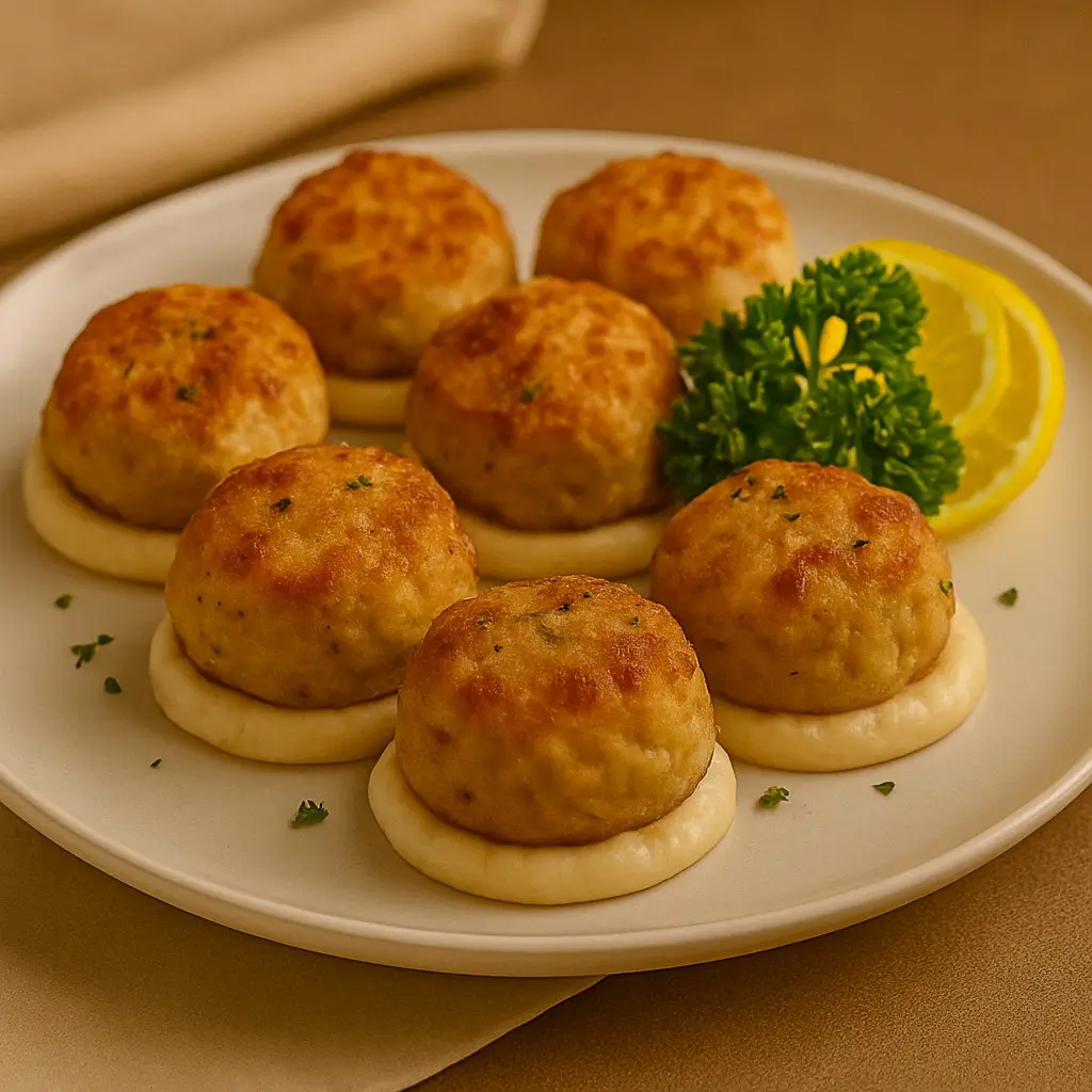 Golden-baked chicken meatballs served on creamy mashed potatoes with lemon slices and parsley garnish
