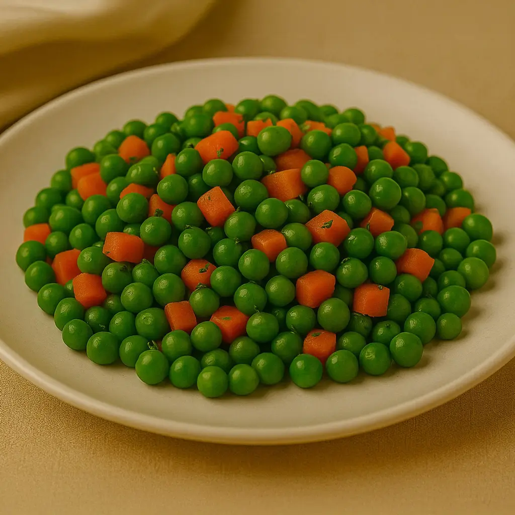 Steamed peas and diced carrots served on a white plate