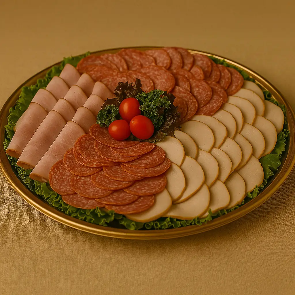 Cold cut meat and cheese platter with salami, ham, turkey, and sliced cheese garnished with cherry tomatoes and greens