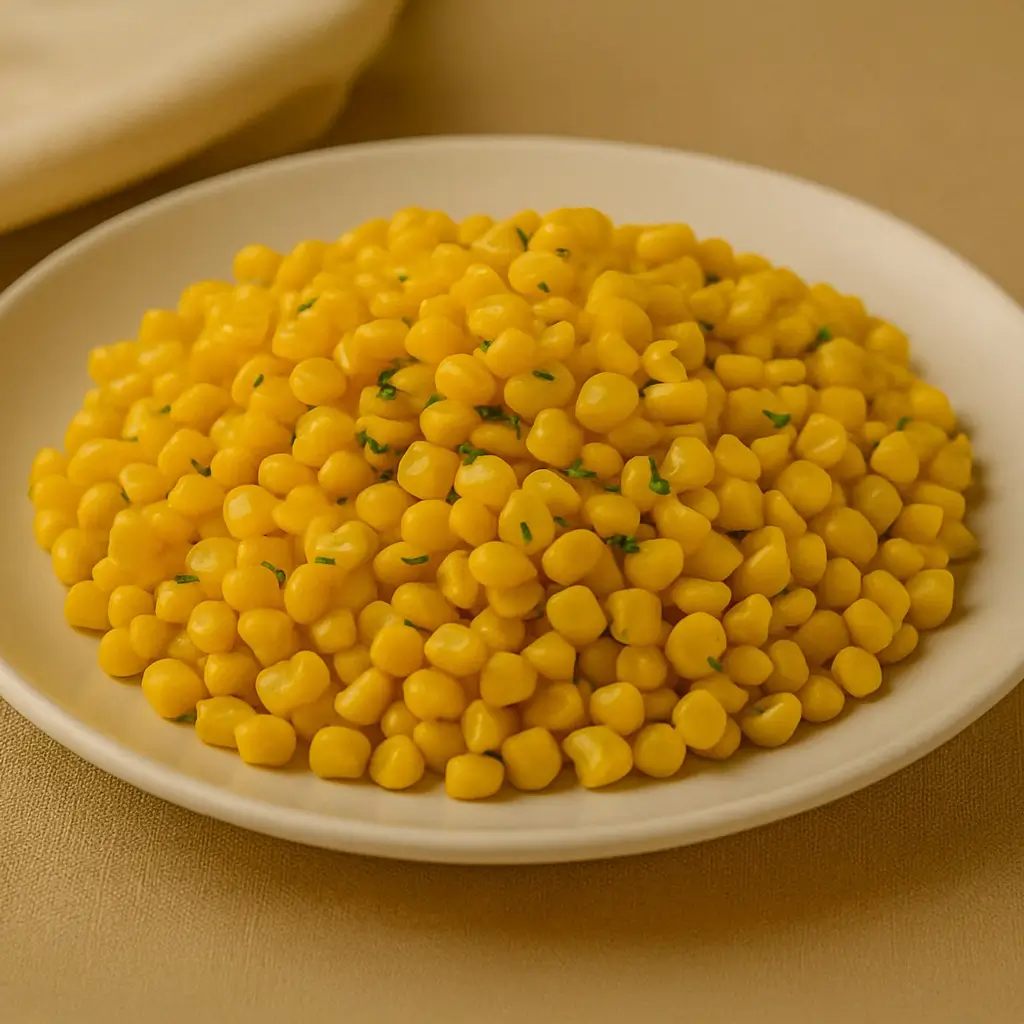 Buttered sweet corn kernels garnished with parsley on a white plate