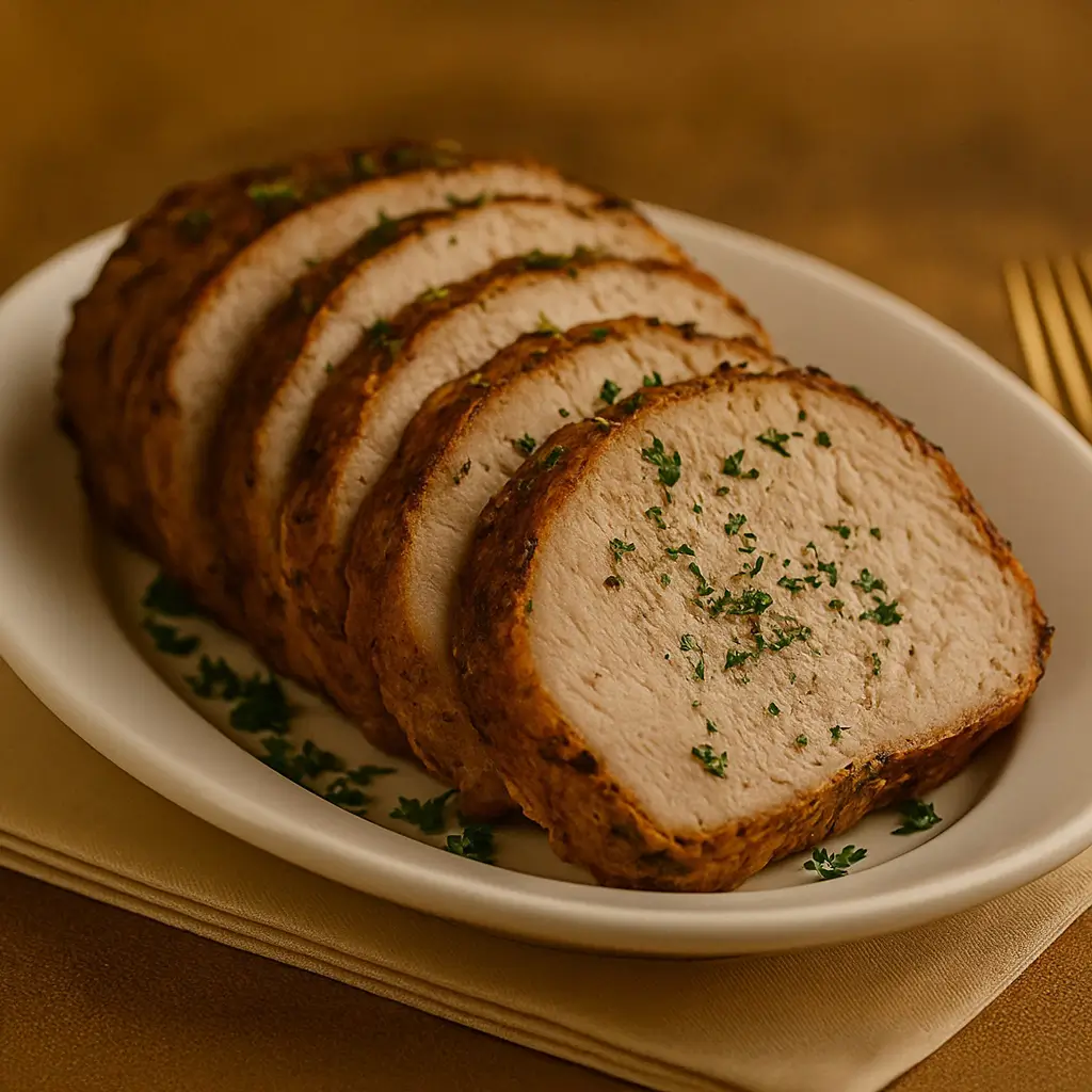 Sliced herb-crusted pork loin served on a white ceramic platter