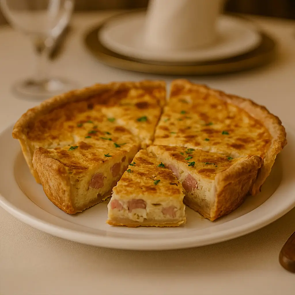 Sliced ham and cheese quiche garnished with parsley on a white plate