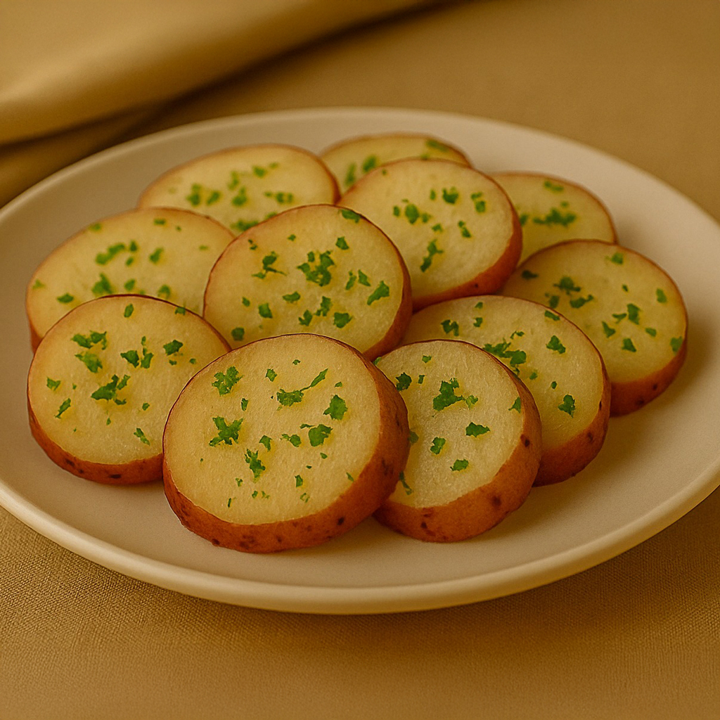 Sliced roasted red potatoes garnished with chopped parsley on a white plate