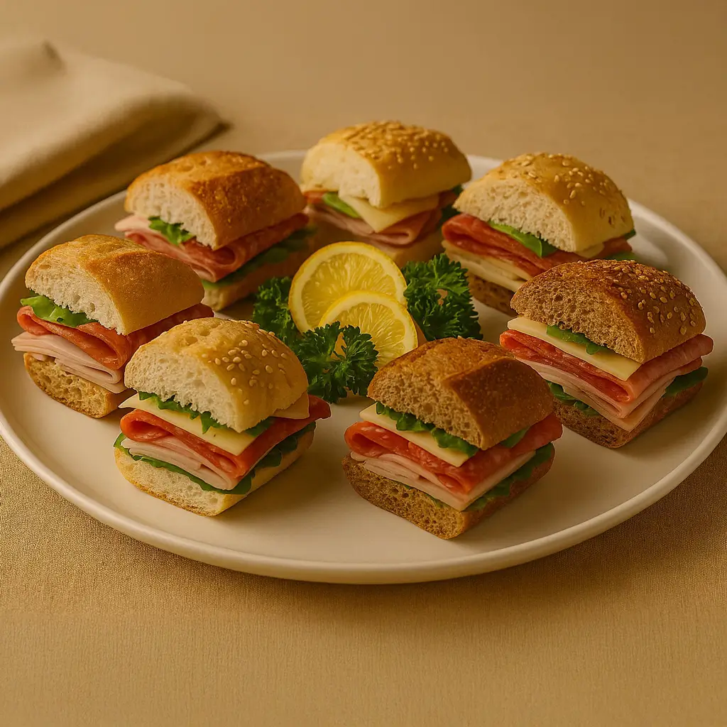 Assorted mini deli sandwiches with cold cuts, cheese, and lettuce on sesame rolls
