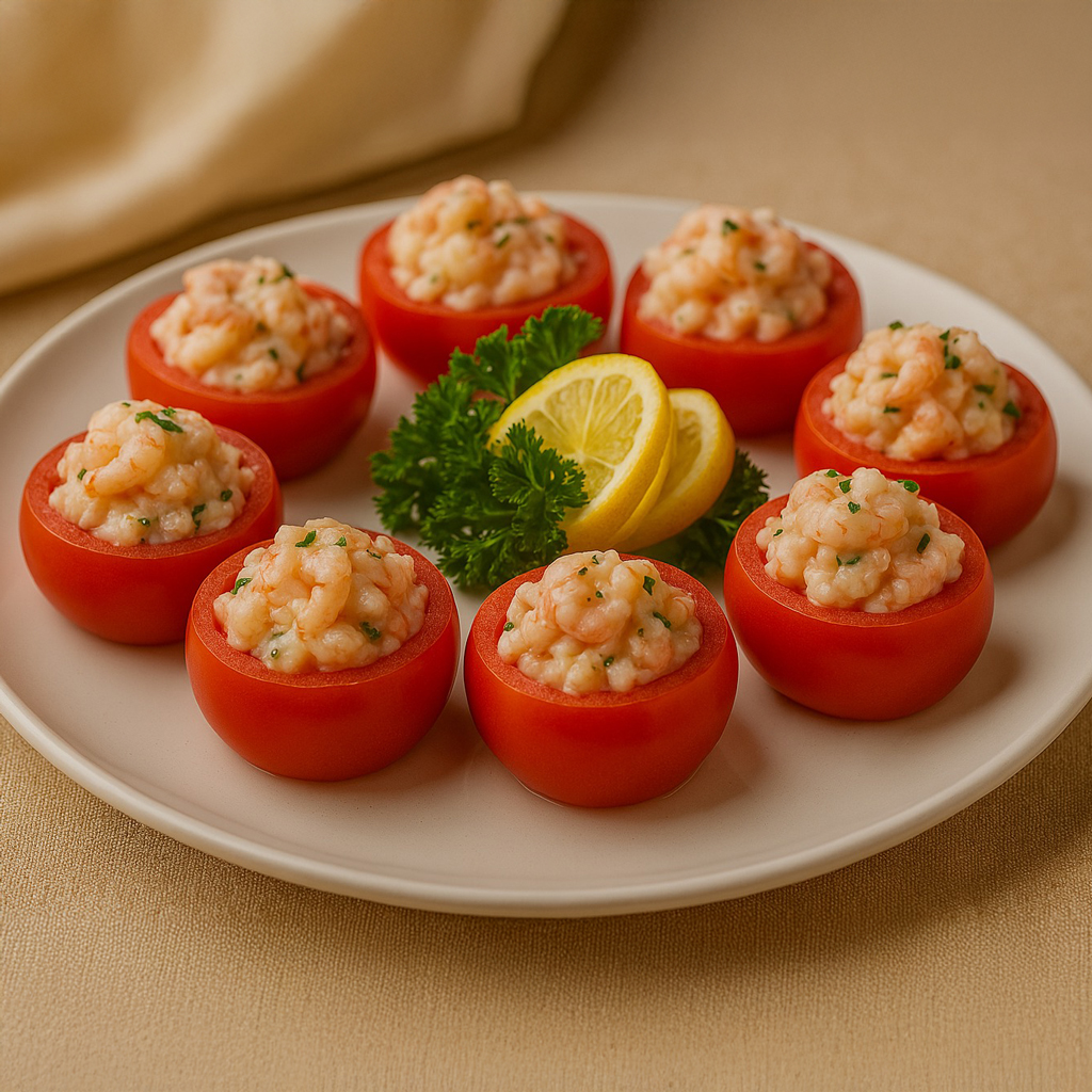 Tomatoes stuffed with shrimp salad garnished with parsley and lemon slices on a white plate